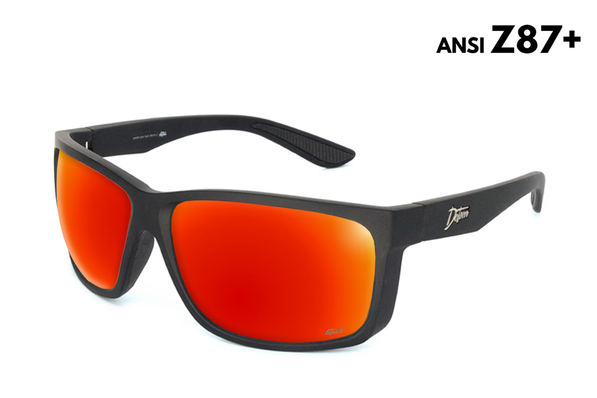 Black sunglasses with reflective red-orange lenses.
