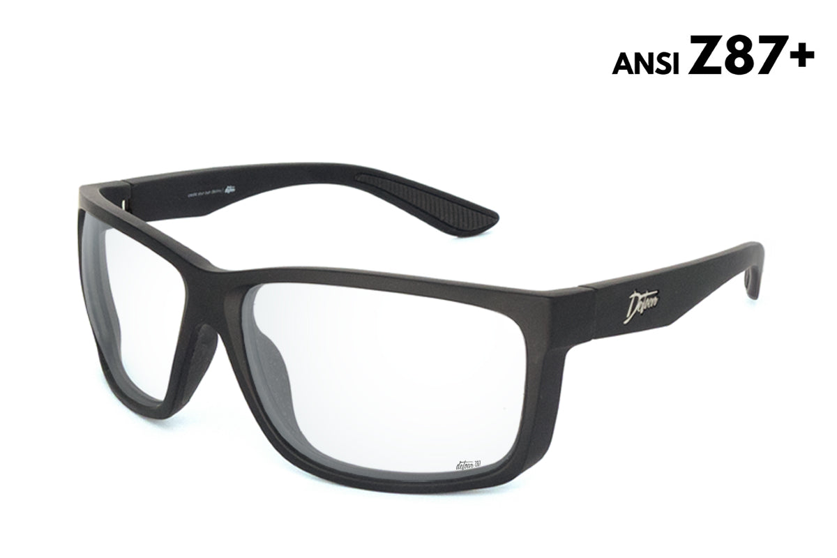 Black-framed eyeglasses with clear lenses on a white background.