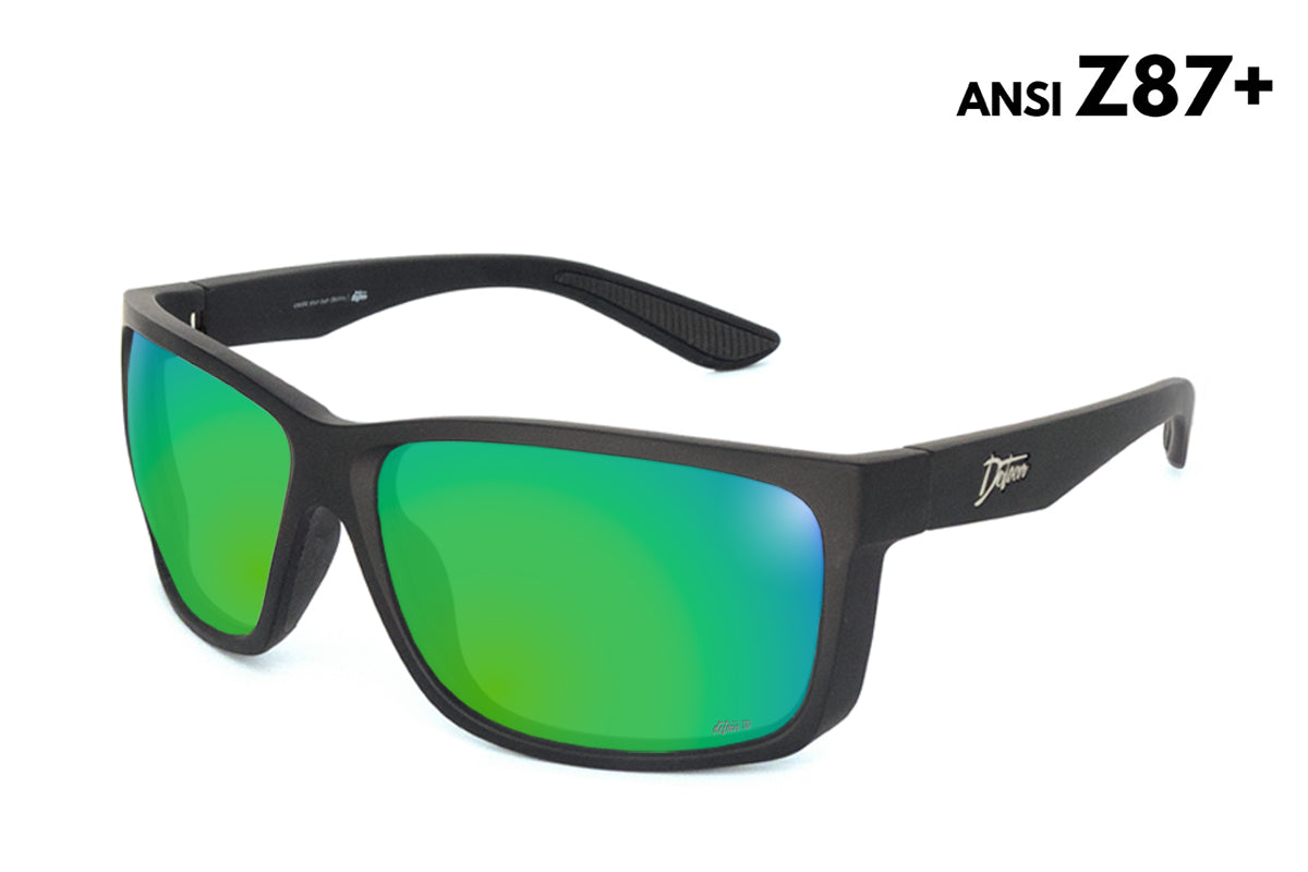 Black sunglasses with green-tinted lenses.