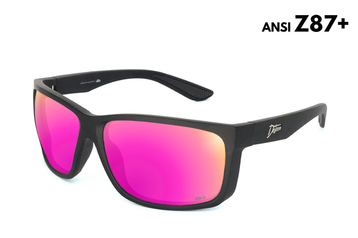 Black-framed sunglasses with vibrant purple reflective lenses.