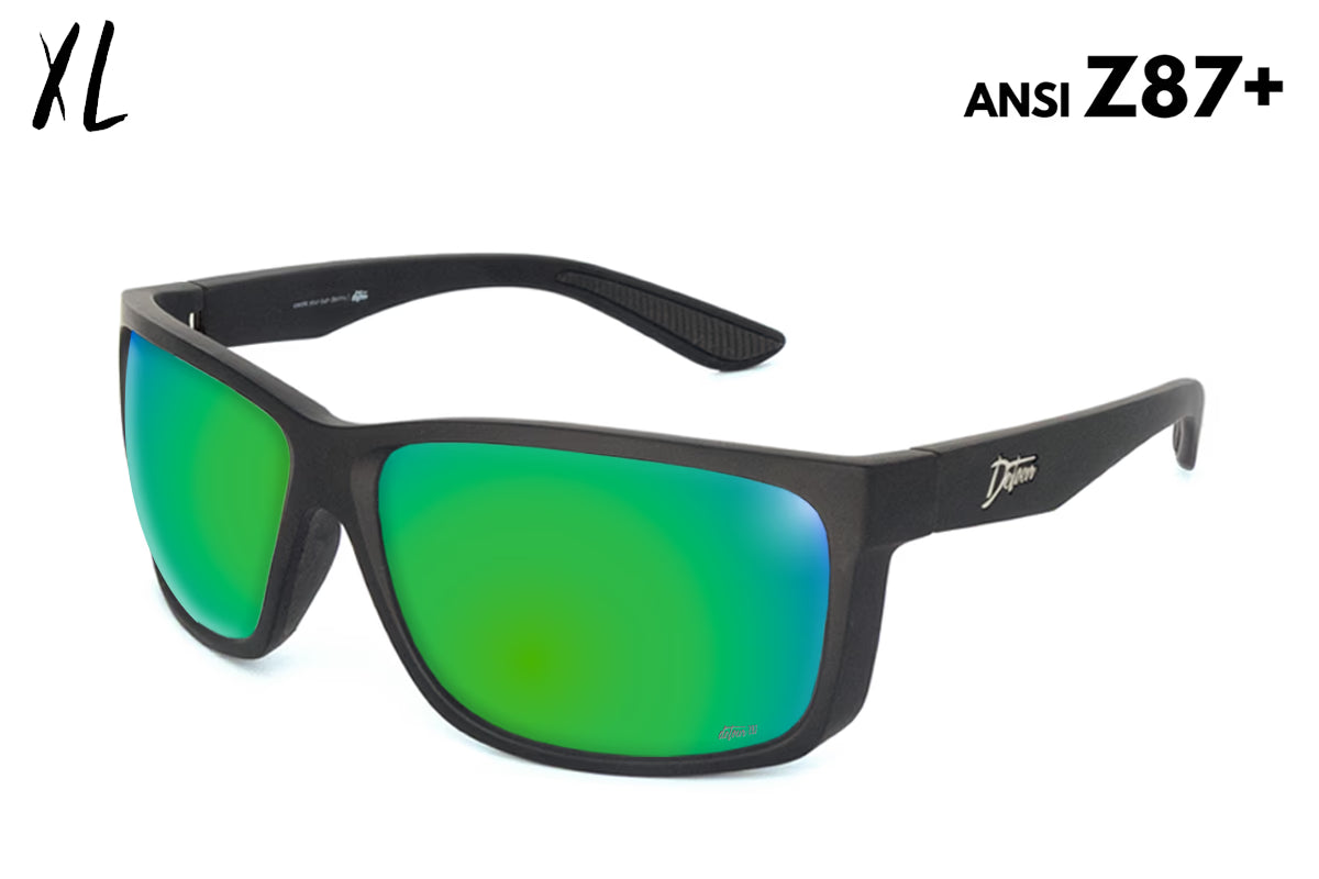 Black sunglasses with green mirrored lenses.