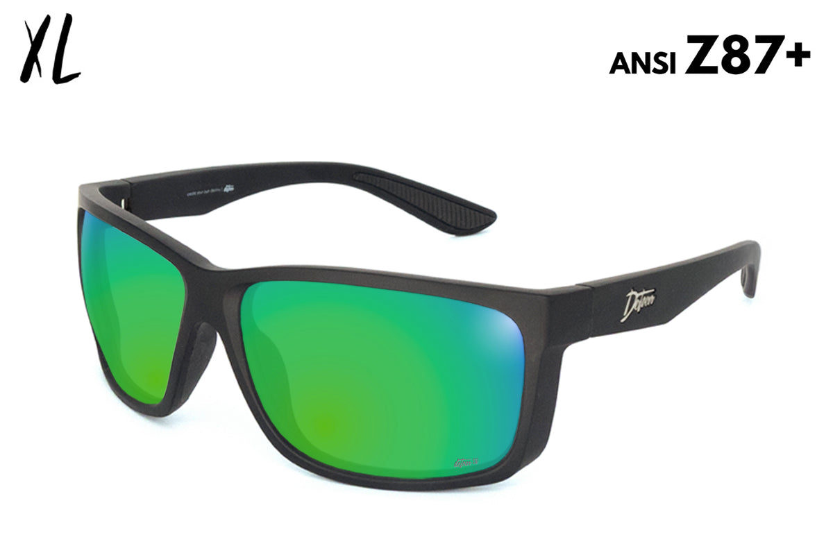 Black sunglasses with green mirrored lenses.