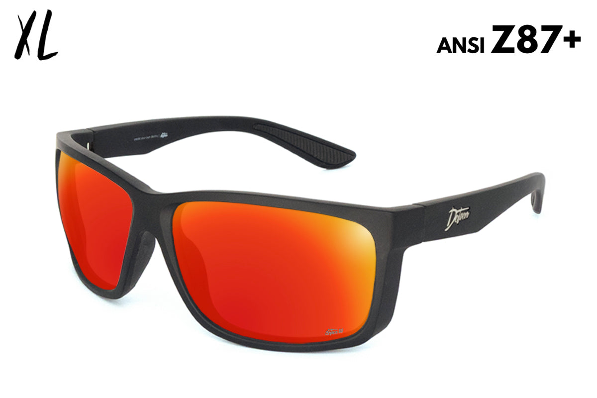Black sunglasses with bright red-orange reflective lenses.