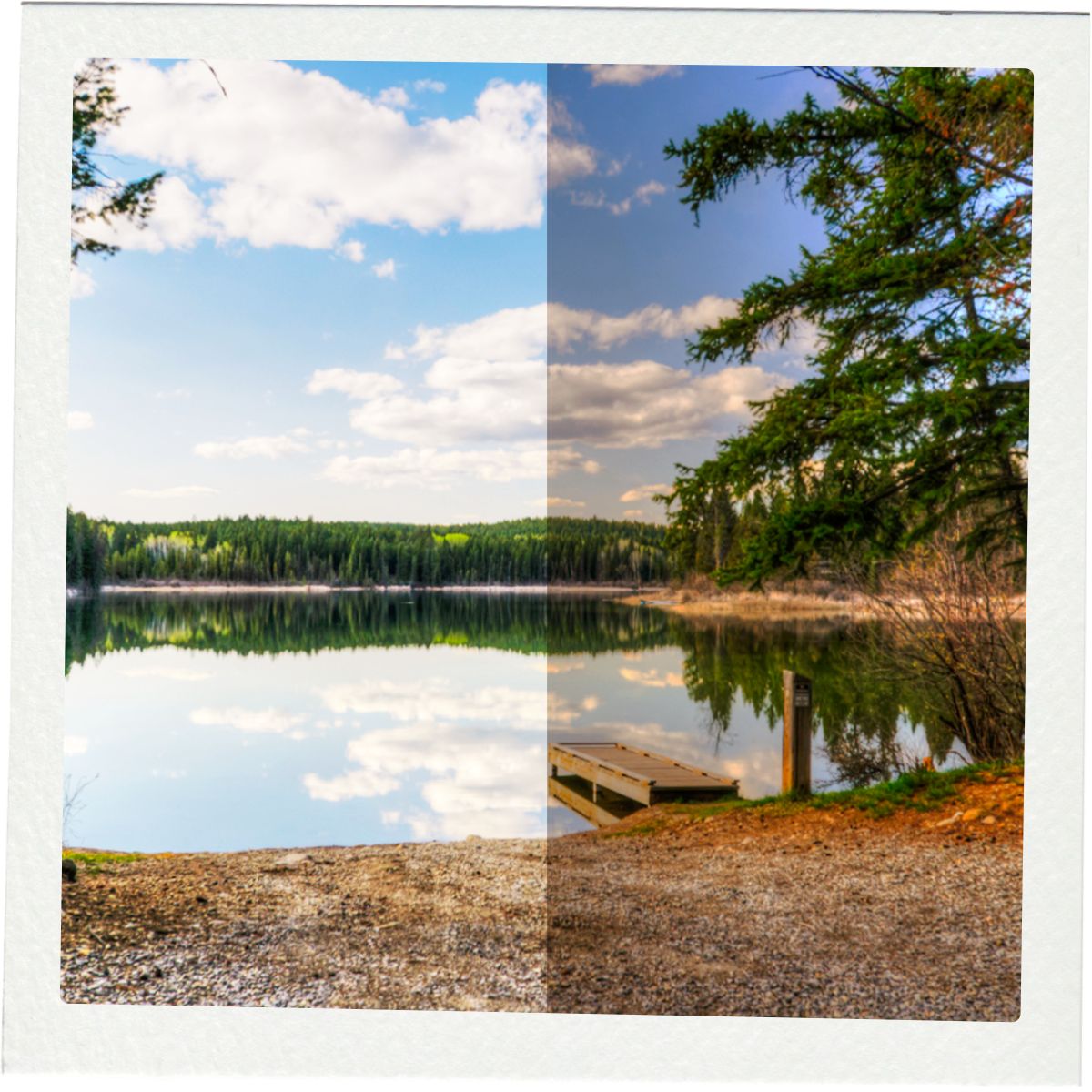 Lake reflection with a small dock and clear blue sky.