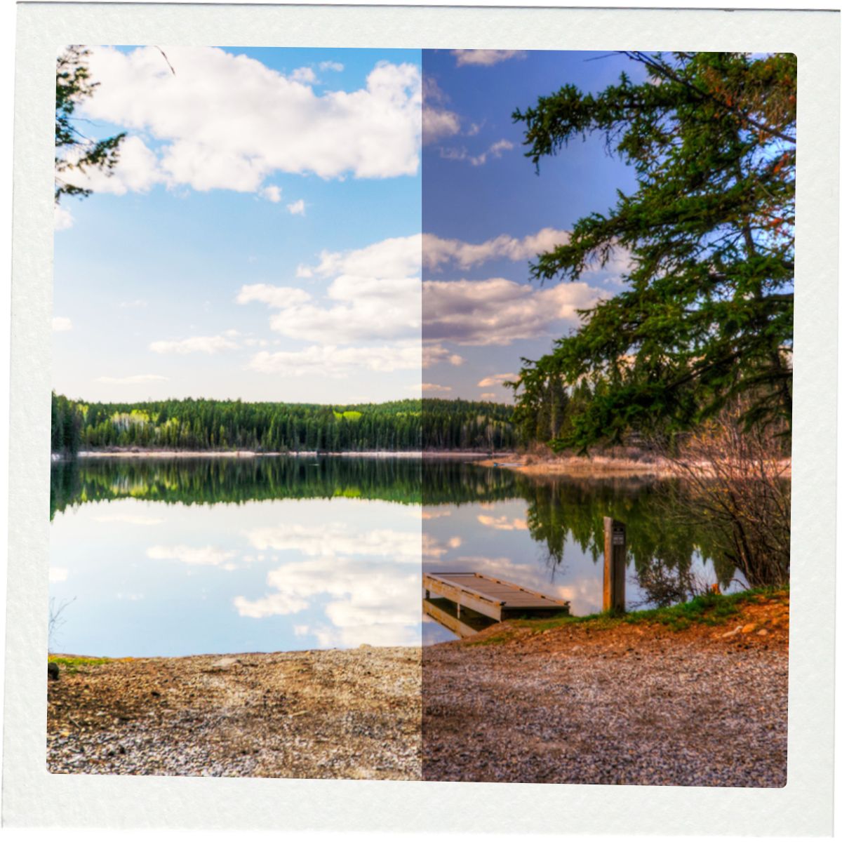 Lake reflection with a small dock and clear blue sky.