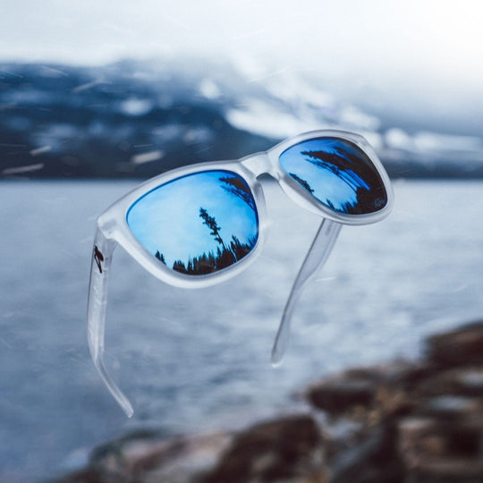 blue lens goggles Detour Sunglasses - Frosted Clear - Electric Blue Lens Polarized - Essentials